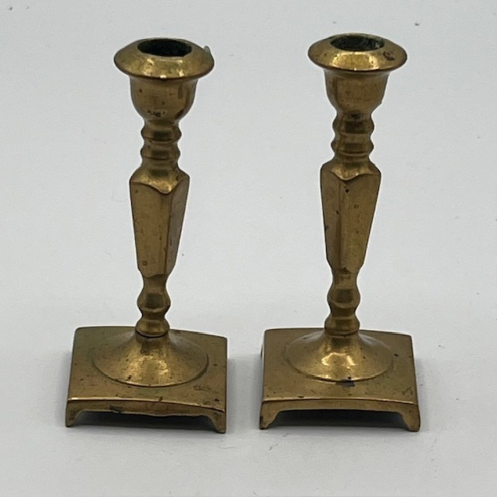 Vintage Solid Brass Square Base Candlestick Holders Pair 4 Inch Mini Tapers